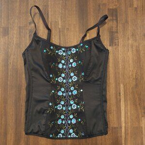 Jessica Simpson Corset Bustier Top Sz. M 6 With Boning Black Blue Embroidered.